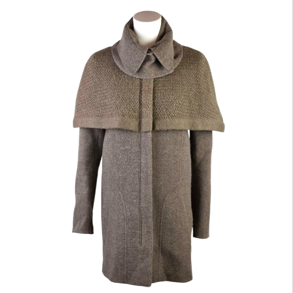 Hanii Y Wool Blend Cape Coat Brown Knit Overlay Funnel Collar Size 38 Small